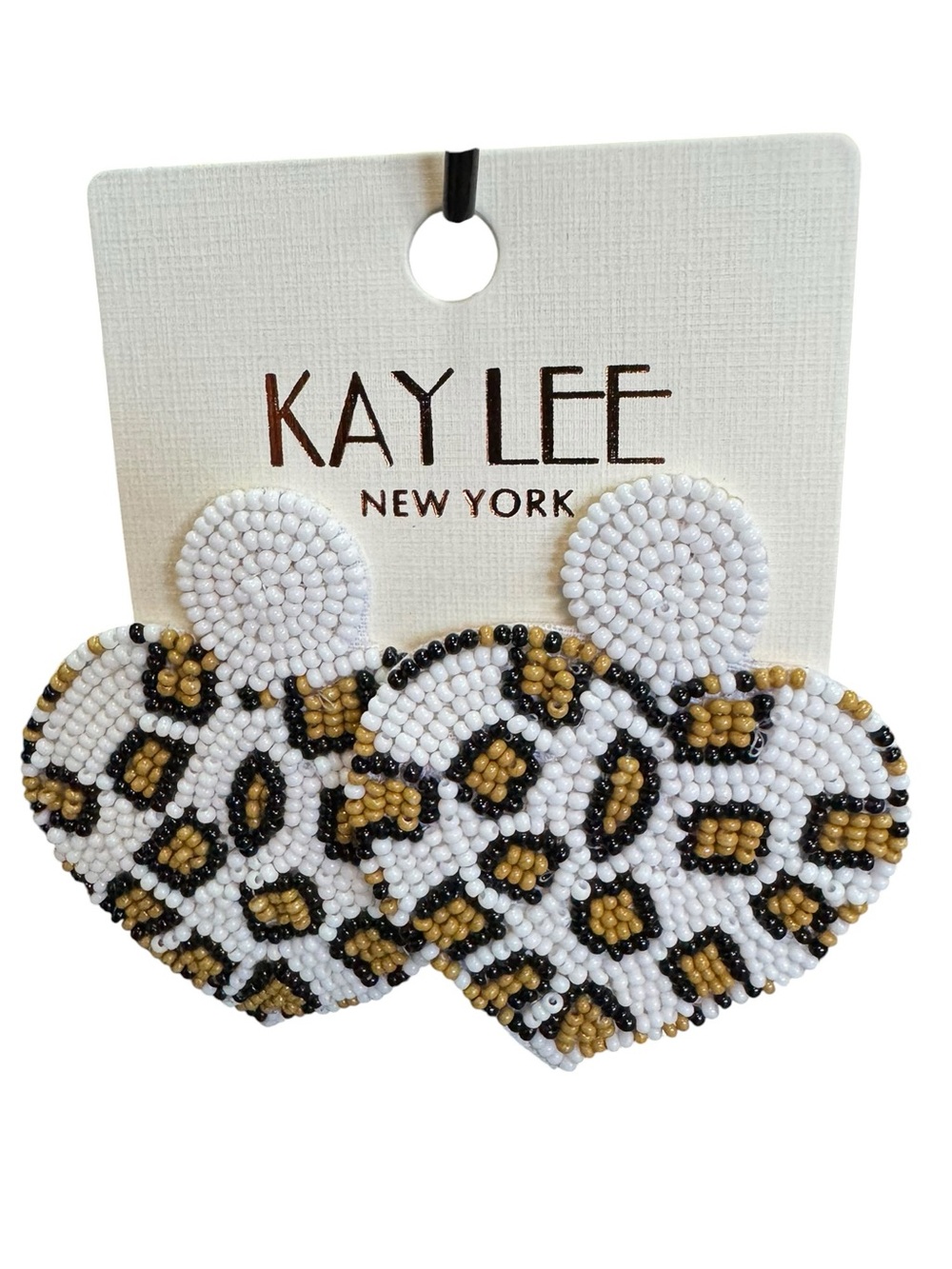 Kay Lee White Beaded Leopard Heart Earrings